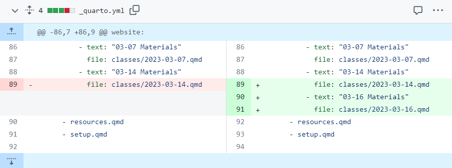 diff for changes made to a quarto yaml file